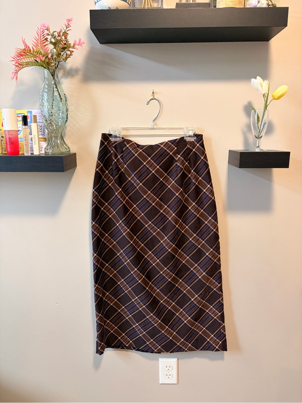 Covington Plaid Midi Skirt in Brown and Navy